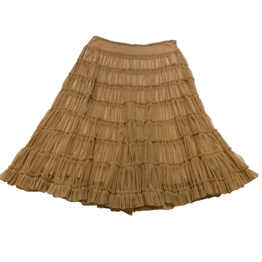 WD NY Tulle Tiered Ruffle Skirt Tan Beige Mesh Layered Midi Mini Size 4 Y2K